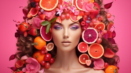Obraz na płótnie Canvas A model with a fruit and flower headpiece on a pink backdrop, perfect for vibrant health and beauty projects.