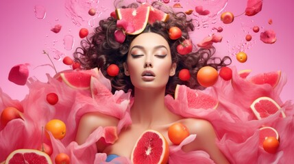 Obraz na płótnie Canvas A young woman with voluminous curly hair adorned with vibrant citrus fruits against a pink background, ideal for beauty and wellness promotion.
