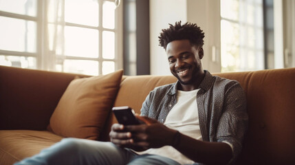An African American man using a smartphone while relaxing on a sofa at home. The scene illustrates a casual communication moment in a comfortable domestic setting - Powered by Adobe