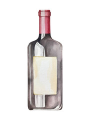 A bottle of wine. Isolated on white background. Hand drawn watercolor illustration.