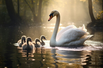 Mother swan with her chicks - obrazy, fototapety, plakaty