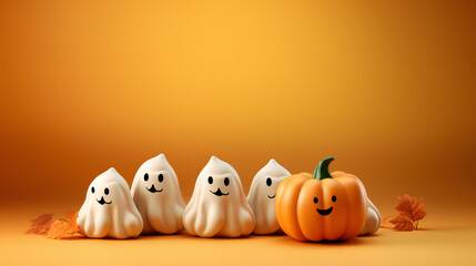 halloween pumpkin background generated by AI
Halloween pumpkins, plastic toys on orange background. Jack-O-Lantern for Halloween celebration, Happy Halloween concept. Traditional october holiday. Autu