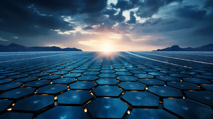 Fototapeta premium A series of geometrically arranged hexagons forming a high-tech solar panel array, emphasizing the synergy of elements, technology, and detailed engineering