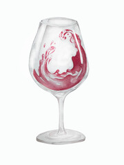 Red wine glass watercolor illustration. Hand drawn element. C glass with cabernet, merlot, chianti wine on white background.