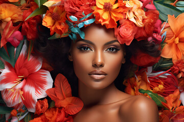 色とりどりの花に囲まれたモデルのアフリカ系アメリカ人美女