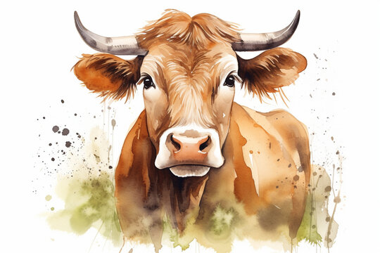a cow in nature in watercolor art style