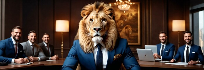 Portrait of happy smiling roar lion wear suits working in office, the boss, Creative animal concept