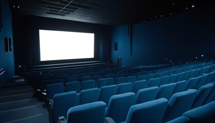 Empty cinema theater with blue seats 
