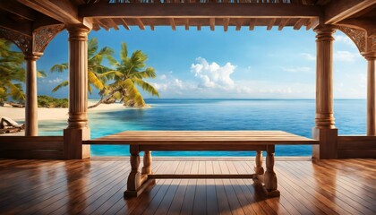 beautiful sea background with table in front, vacation and hotel concept