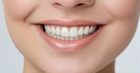 Obraz premium a close up photo of the lower part of a female face. beautiful cute smile with very clean perfect teeth. dental service advertisement concept
