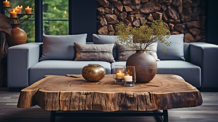 Close-up of a coffee table with a living edge near a sofa. Modern living room interior design with a minimalist theme. .