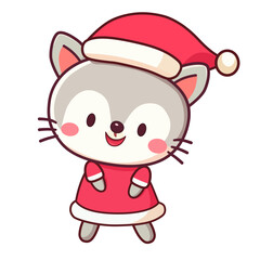 Cute kitten standing in red Santa hat and dress. smile happy cat. Christmas cartoon vector illustration.