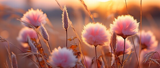 romantic pink color scheme with a sunset and grass flower vista in nature..