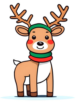 a Cute christmas reindeer, simple line art with color, on white background, watercolor