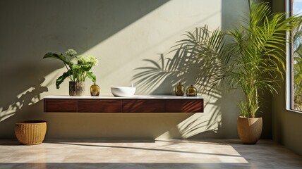 The bathroom vanity and area are modern and minimalistic, with a brown matte cement wall featuring...