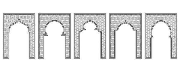 Islamic frame with arch and ornament. Ramadan gate on geometric background for wedding invitation design. Vector oriental decorations set.