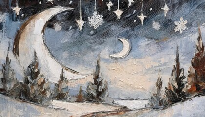 happy holiday, merry christmas, moonlit night, oil painting, illustration