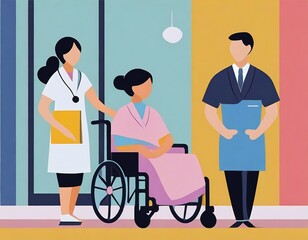 車椅子に乗った入院患者と医師　イラスト