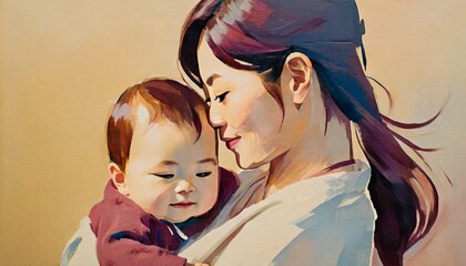 赤ちゃんを抱く女性　お母さん　イラスト - obrazy, fototapety, plakaty