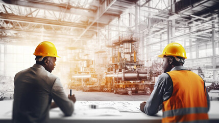 copy space, stockphoto, ethnic Industrial workers in safety vests and hard hats collaborating on a project. Blue collar workers in an industrial setting.