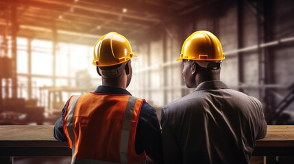 copy space, stockphoto, ethnic Industrial workers in safety vests and hard hats collaborating on a project. Blue collar workers in an industrial setting.