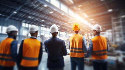 copy space, stockphoto, ethnic Industrial workers in safety vests and hard hats collaborating on a project. Blue collar workers in an industrial setting.