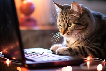 a cat writer typing on a laptop - obrazy, fototapety, plakaty