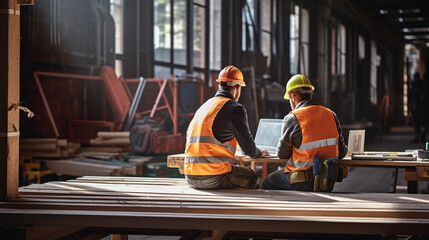 copy space, stockphoto, ethnic Industrial workers in safety vests and hard hats collaborating on a project. Blue collar workers in an industrial setting.