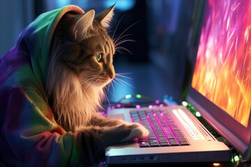 a cat writer typing on a laptop - obrazy, fototapety, plakaty