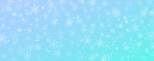 Snowflakes winter Christmas vector background. Blue and white frost sky. Gradient cold blizzard landscape. - obrazy, fototapety, plakaty