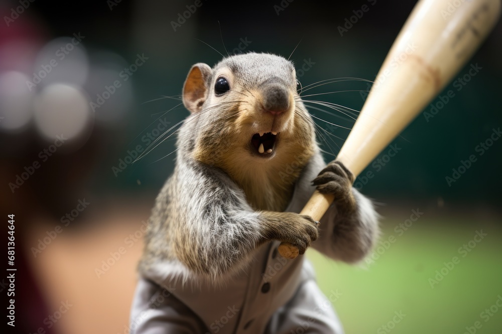 Wall mural speedy squirrel baseball player hitting a grand slam with a look of excitement on their face