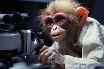 an anthropomorphic monkey using a microscope - obrazy, fototapety, plakaty