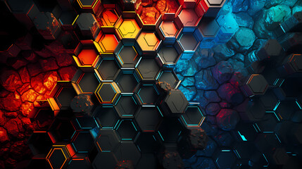 A series of geometrically arranged hexagons forming a high-tech solar panel array, emphasizing the synergy of elements, technology, and detailed engineering