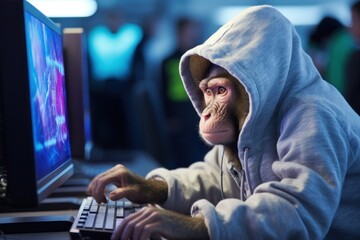 a anthropomorphic monkey working as a software engineer at a tech company the monkey is wearing a hoodie and is sitting at a desk coding on a computer