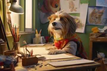 an anthropomorphic dog writing a story at a desk