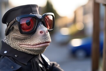 anthropomorphic chameleon in a police uniform blends in with its surroundings while investigating a crime - obrazy, fototapety, plakaty