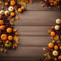 Obraz na płótnie Canvas Autumn festive Thanksgiving day background, wooden table decorated with Pumpkins. Ai image generative.