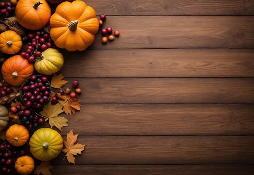 Autumn festive Thanksgiving day background, wooden table decorated with Pumpkins. Ai image generative.
