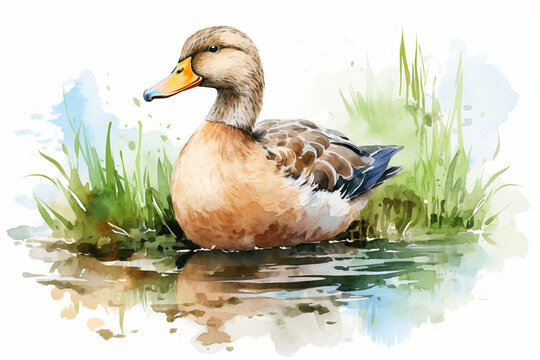 a duck in nature in watercolor art style