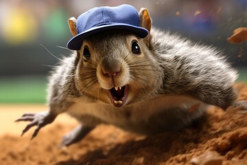 speedy squirrel baseball player stealing home plate with a look of excitement on their face