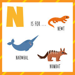 Learning English alphabet for kids. Letter N. Cute cartoon newt narwhal numbat. © Milya Shaykh
