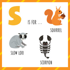 Learning English alphabet for kids. Letter s. Cute cartoon squirrel, slow lori, scorpion.