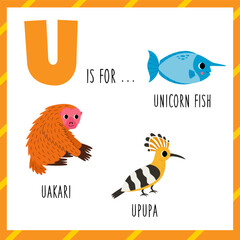  Learning English alphabet for kids. Letter U. Cute cartoon uakari upupa unicorn fish. © Milya Shaykh