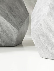 White table countertop with gray granite geometric shape, pentagon side, studio light on polished...