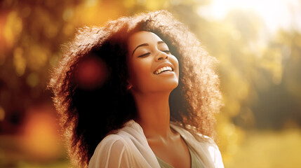 YOUNG AFRICAN AMERICAN WOMAN ENJOYING THE FEELING OF FREEDOM IN NATURE ON A SUNNY DAY. legal AI	