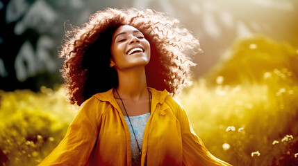 YOUNG AFRICAN AMERICAN WOMAN ENJOYING THE FEELING OF FREEDOM IN NATURE ON A SUNNY DAY. legal AI	