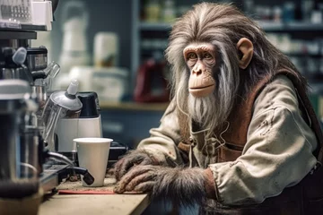 Fotobehang monkey barista making coffee at a cafe © Ingenious Buddy 