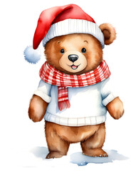 Watercolor Christmas  cute bear Clipart, cute bear wearing a Christmas beanie and a red scarf.