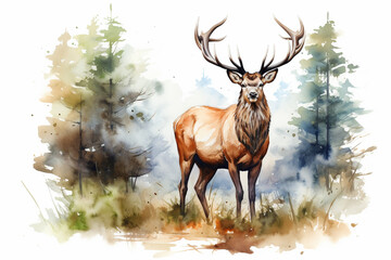 a deer in nature in watercolor art style