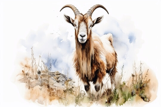a goat in nature in watercolor art style